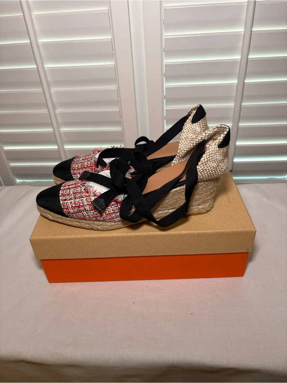 Castaner Woven Espadrille Wedge Sandals with Ribbon Tie - Black & Red